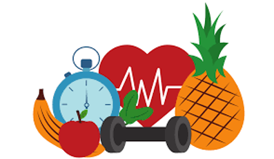 Image of fruits, heart monitor and small dumbell weight